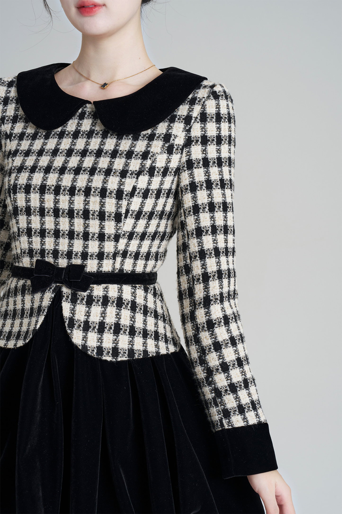 ベルベットモノクロチェックドレス