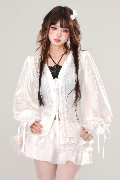 Sweet Girly Pure White Lace Shirt