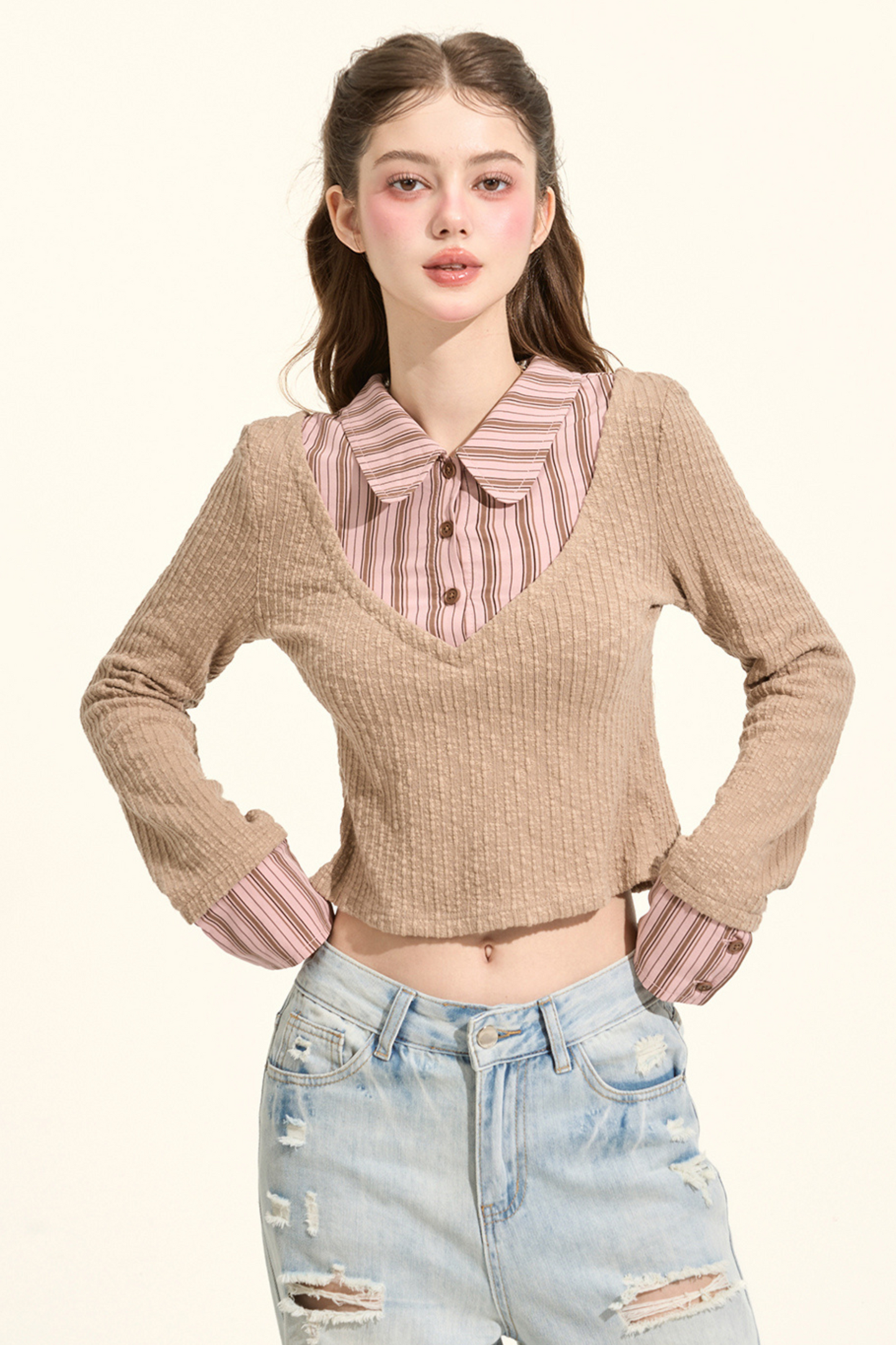 プレッピースタイルストライプカラーフェイクツーピースニット