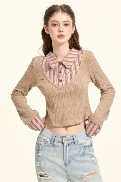 プレッピースタイルストライプカラーフェイクツーピースニット