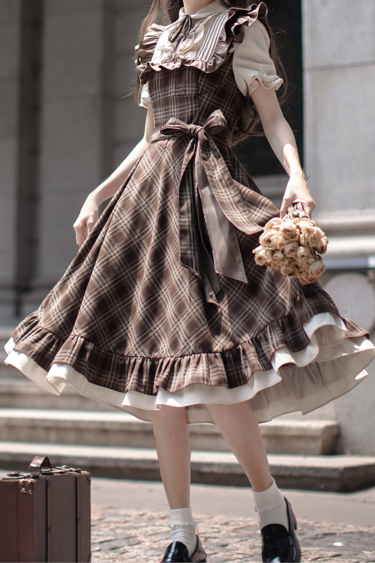 レトロチェックフレアワンピース＋リボンタイ