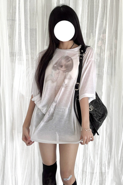 Angel Girl Print Sheer Loose Top