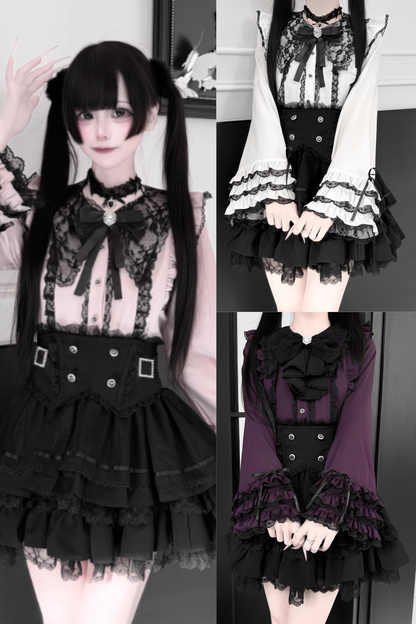 【1月7日予約締切】ジュエルリボンベルスリーブシャツ＋ブラックストライプティアードスカート＋セットアップ