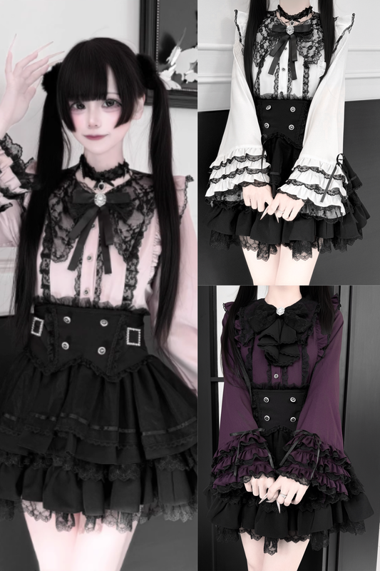 【1月7日予約締切】ジュエルリボンベルスリーブシャツ＋ブラックストライプティアードスカート＋セットアップ