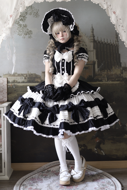 モノクロドールロリータドレス+カチューシャ+ボンネット+クリップ