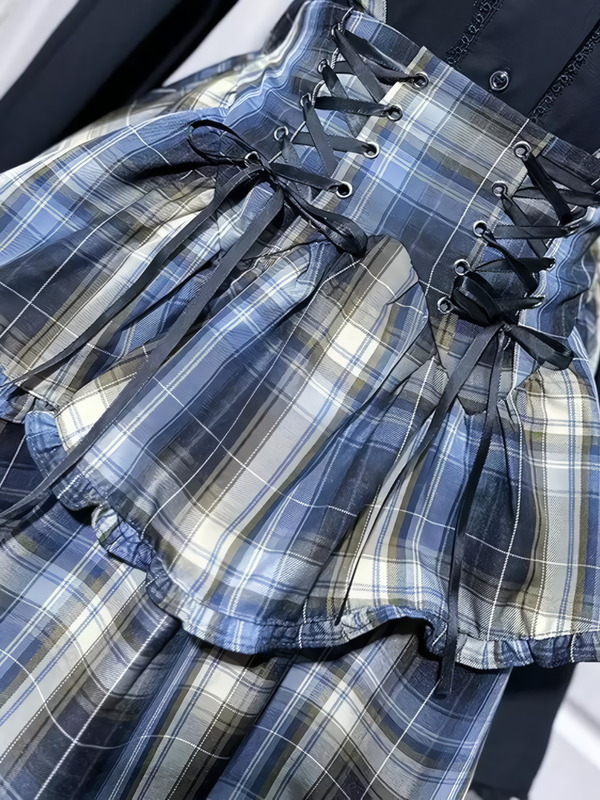 Subculture mine blouse + check suspender skirt + blazer