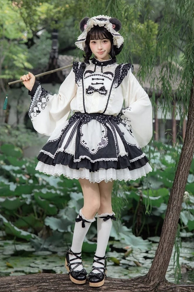 [Pre-order Deadline: October 25] Pink/White/Green Chinoiserie Lolita Sweet Panda Polka Dot Lace Apron Ruffle OP Dress