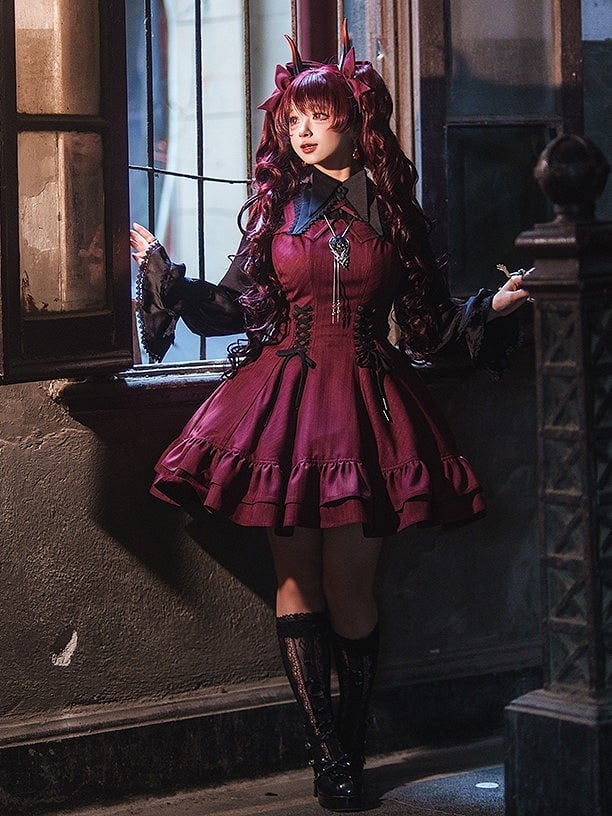 【12月26日予約締切】ゴシックロリータダークカラーストライプリボンサスドレス