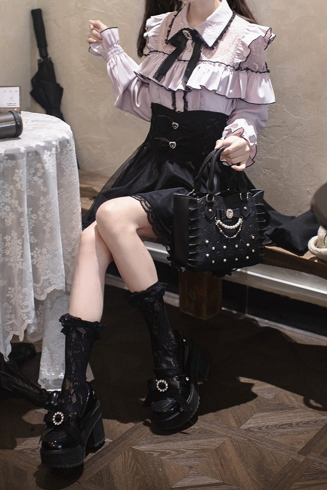 [Termine prenotazione 29 settembre] Blusa rosa in pizzo trasparente con volant e fiocco gioiello + gonna a sirena in tulle a strati + minigonna in pizzo con fiocco gioiello