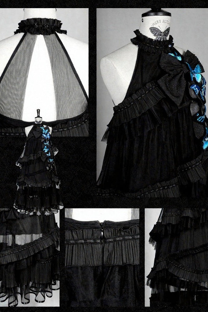 [Pre-order Deadline: October 14] Black/White Gothic Lolita Blue Butterfly Bow Tulle Ruffle Layered Halter Dress