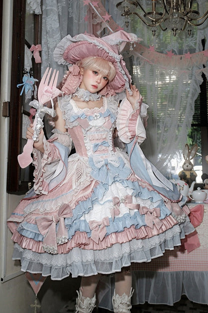 [Cierre de reserva el 14 de septiembre] Conjunto completo Fantasy Sweet Witch de vestido JSK cruzado + cola con lazo grande + capa con capucha + mangas desmontables + sombrero de bruja + mangas exteriores