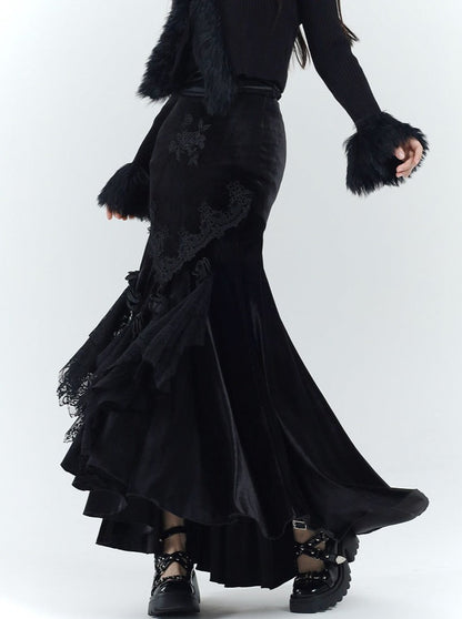 Ghost Girl Black Velvet Fishtail Skirt