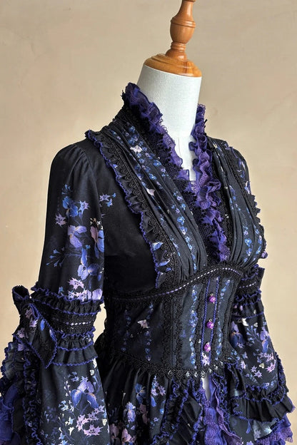 【9月13日予約締切】Purple/Dark Purple Gothic Lolita Elegant Iris Dress Top & Bustier & Skirt Set 1/2+ Full Set