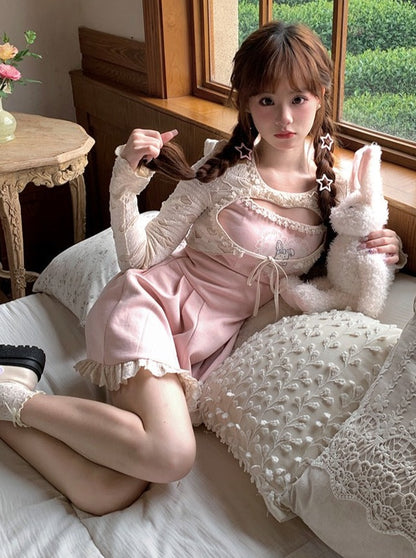 Strawberry Bobo Rabbit Dress + Lace Cardigan