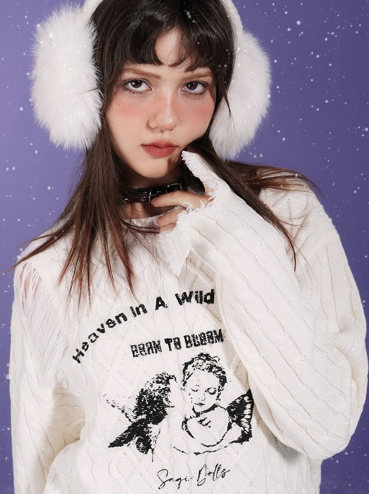 Sweet Cool Milk White Angel Print Damaged Knit