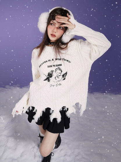 Sweet Cool Milk White Angel Print Damaged Knit