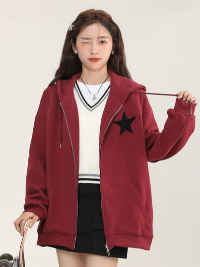 Star Zip Hooded Loose Sweatshirt Hoodie