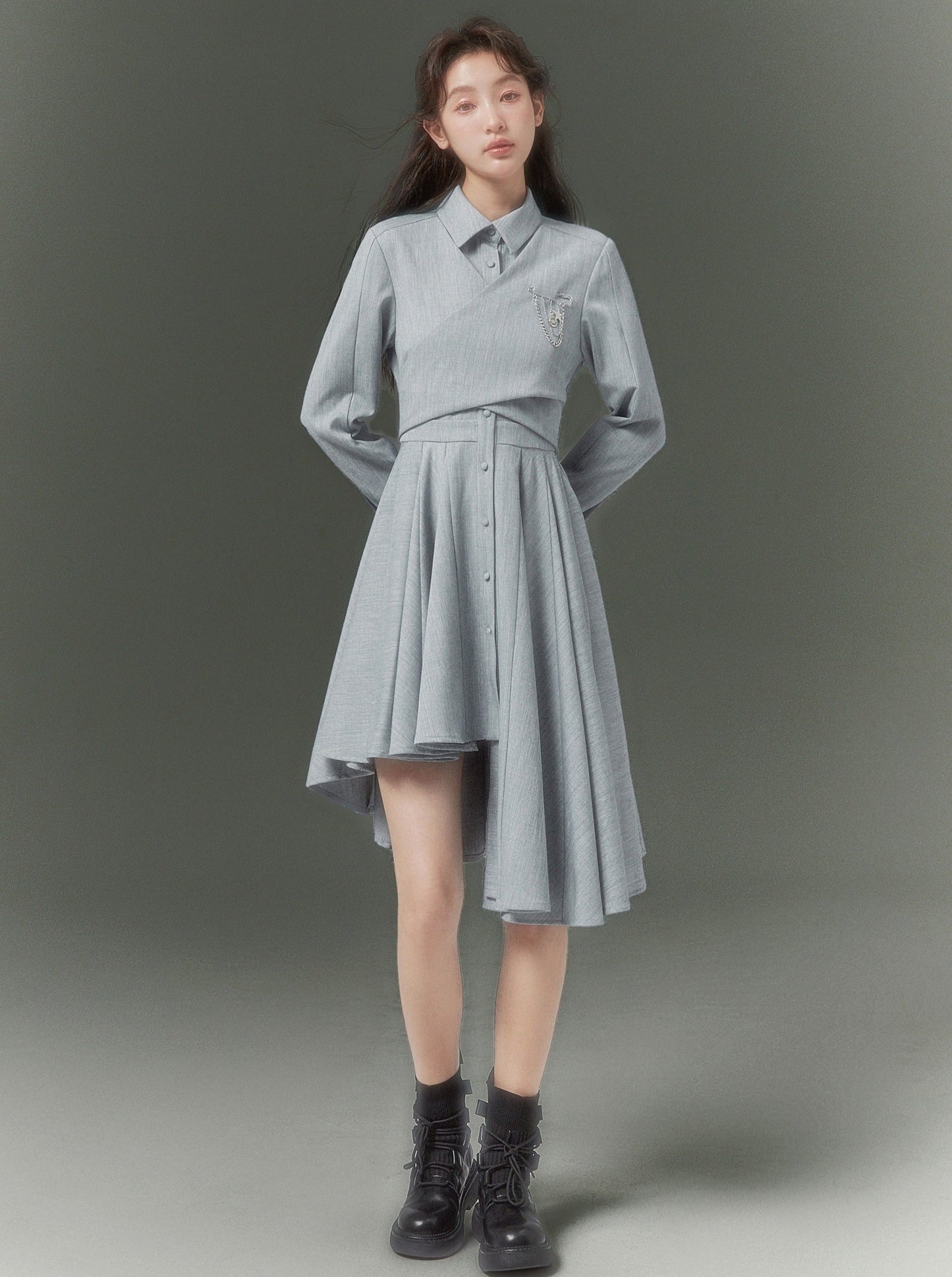 Asymmetrical Pleats College French Dress