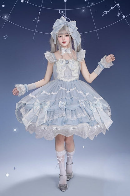 [Clôture des précommandes le 923] Robe JSK classique lolita bleu clair/bleu foncé à broderies d’étoiles célestes, rubans et jupe à volants asymétrique