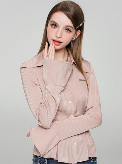 Baby Pink Satin Striped Waist Shirt