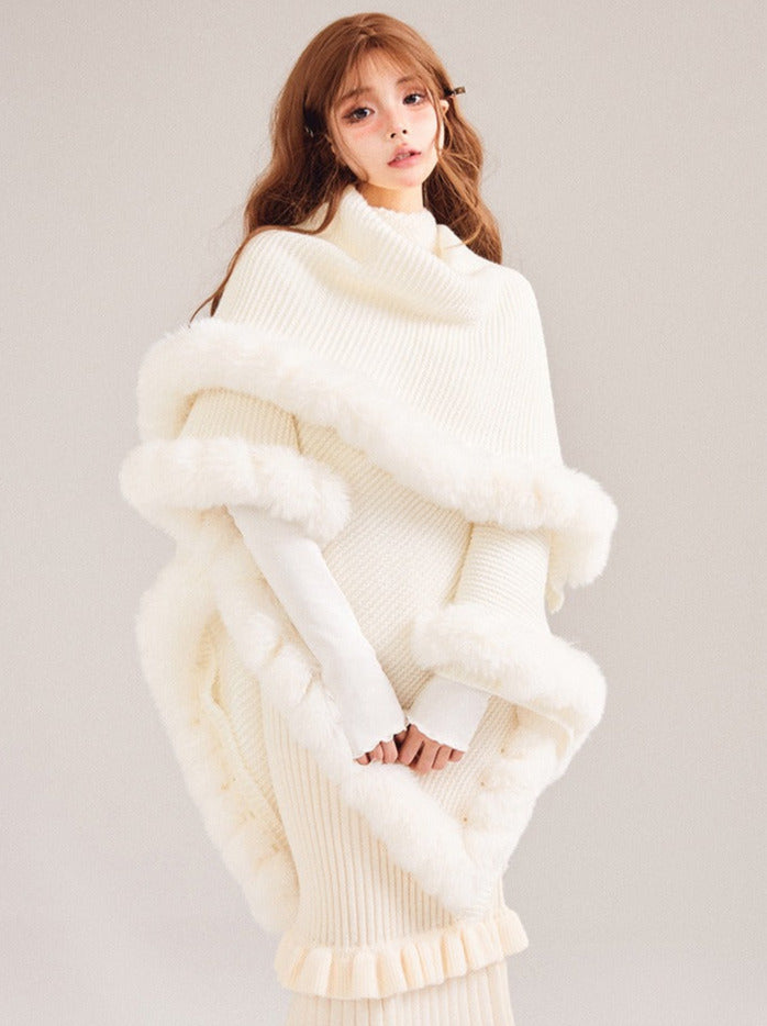 Soled Collar Shawl Knit Fur Ball Cape Jacket