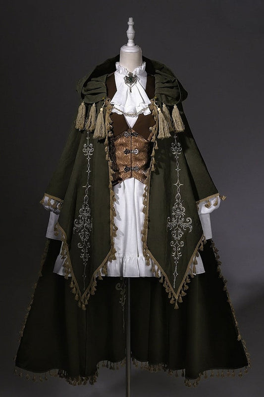 【11月6日予約締切】Classical Gothic Fantasy White Long-Sleeved Frilled Collared Dress + Green Embroidered Tassel Hooded Cape + Brown Jacquard Vest Set