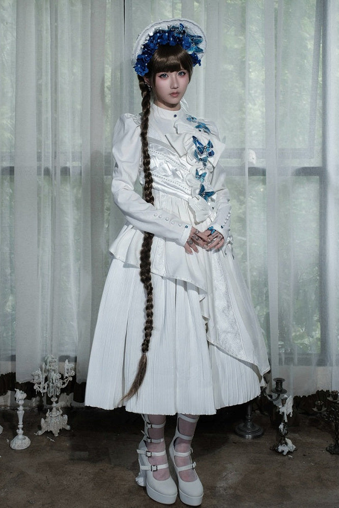 [Reservierungsschluss 14. Oktober] Schwarz/weißes Gothic-Lolita-Langkleid mit Schmetterlingsschleife, Stehkragen und asymmetrischen Lagen