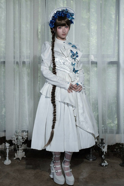 [Reservierungsschluss 14. Oktober] Schwarz/weißes Gothic-Lolita-Langkleid mit Schmetterlingsschleife, Stehkragen und asymmetrischen Lagen