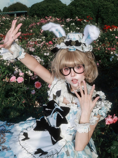 [Reservierungsschluss 30. Juni] Blaue x weiße Alice-im-Wunderland Sweet-Lolita-Accessoires-Serie (Hasenohren-Hut, Hasenohren-Haarreif, Halsband, Taschenuhr-Brosche, rückseitige Schleppen-Schleife, Handgelenkstulpen)
