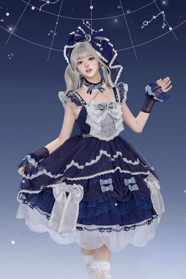 [Clôture des précommandes le 923] Robe JSK classique lolita bleu clair/bleu foncé à broderies d’étoiles célestes, rubans et jupe à volants asymétrique