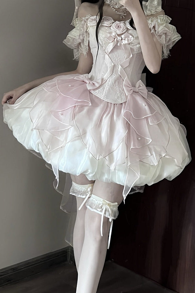 【9月6日予約締切】Romantic Rose Ballet Lolita Bow Lace Corset Bustier＋Layered Ruffle Bow Bubble Skirt + Bow Train（Set1/2）