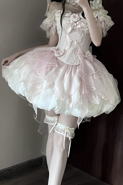 【9月6日予約締切】Romantic Rose Ballet Lolita Bow Lace Corset Bustier＋Layered Ruffle Bow Bubble Skirt + Bow Train（Set1/2）