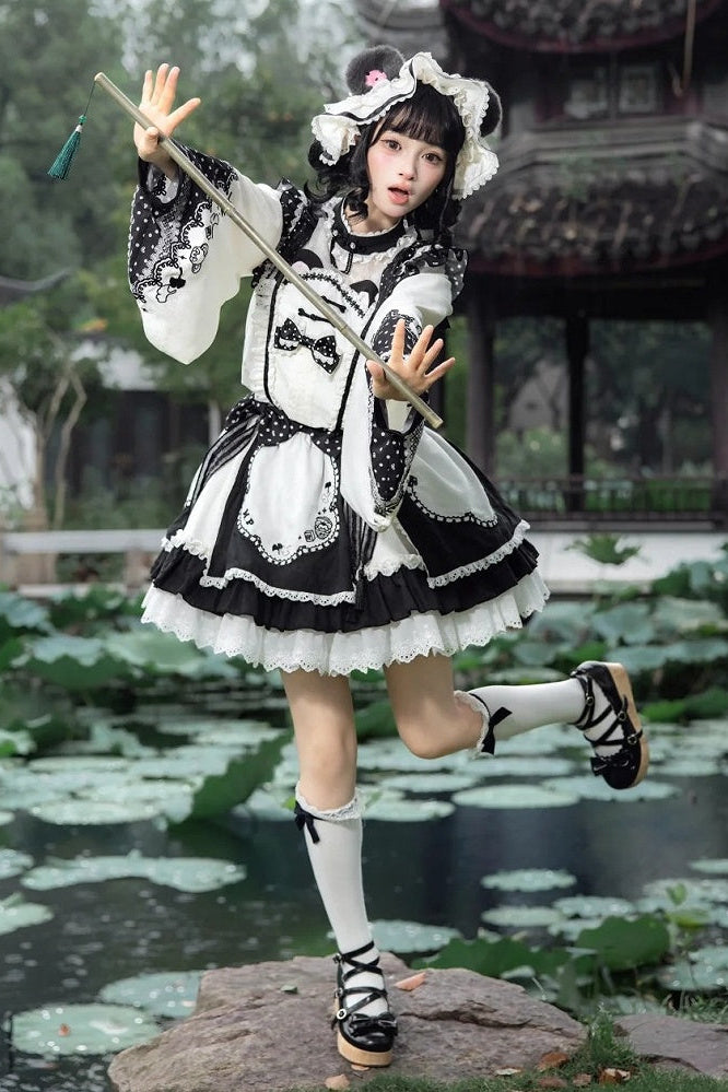 [Pre-order Deadline: October 25] Pink/White/Green Chinoiserie Lolita Sweet Panda Polka Dot Lace Apron Ruffle OP Dress