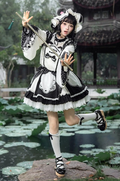 [Pre-order Deadline: October 25] Pink/White/Green Chinoiserie Lolita Sweet Panda Polka Dot Lace Apron Ruffle OP Dress