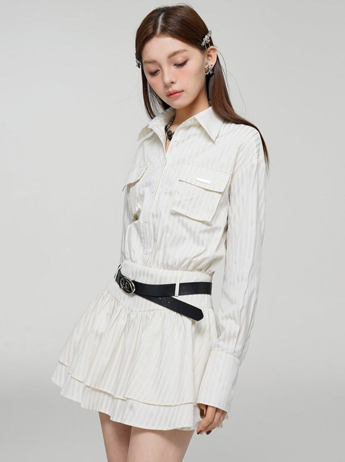 Romantic White Waist Slim Striped Shirt Dress