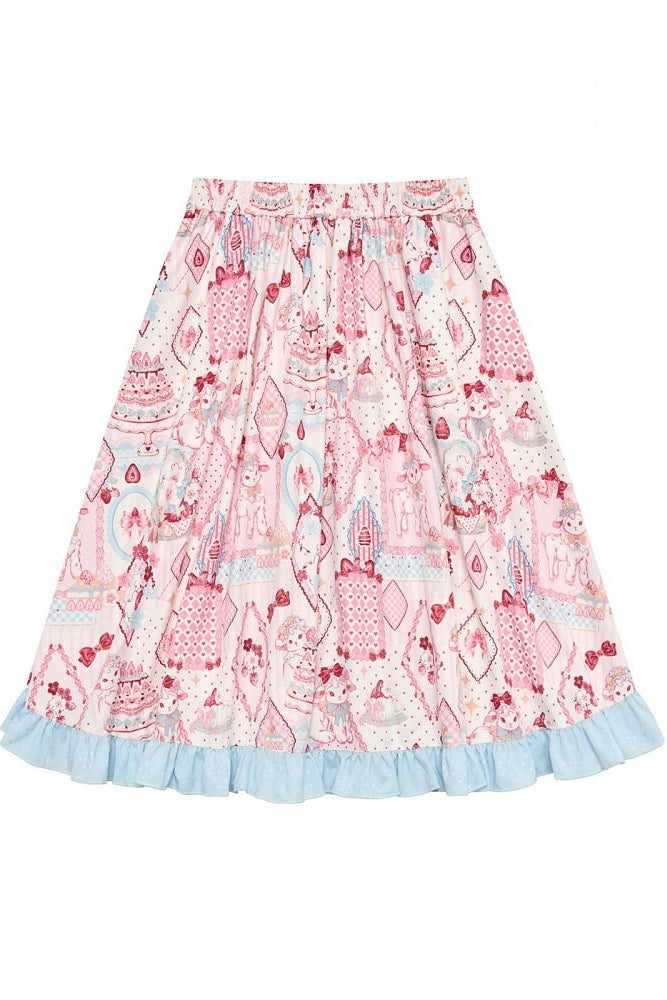 【10月21日予約締切】Pink/Blue Hanfu-inspired Little Lamb Tea Party Lace Wide Sleeve Blouse + Printed Ruffle Skirt + Pleated Mamian Skirt + Strawberry Embroidered Ribbon Lace Apron