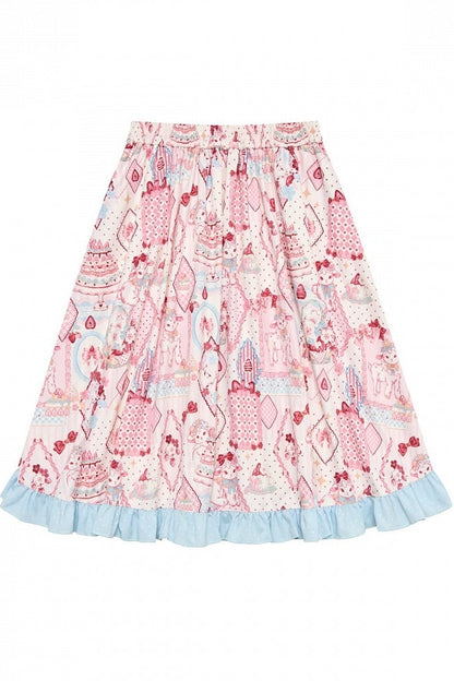 【10月21日予約締切】Pink/Blue Hanfu-inspired Little Lamb Tea Party Lace Wide Sleeve Blouse + Printed Ruffle Skirt + Pleated Mamian Skirt + Strawberry Embroidered Ribbon Lace Apron