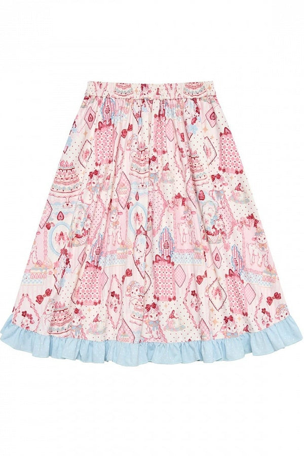 【10月21日予約締切】Pink/Blue Hanfu-inspired Little Lamb Tea Party Lace Wide Sleeve Blouse + Printed Ruffle Skirt + Pleated Mamian Skirt + Strawberry Embroidered Ribbon Lace Apron