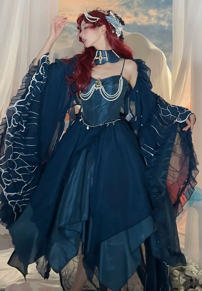 [Reservierungsschluss 1. Juni] Dunkelblau/Pink/Dunkelpetrol Atlantis Dark-Fantasy-Lolita Sternen-Korsett asymmetrisches Bustier-JKS-Kleid