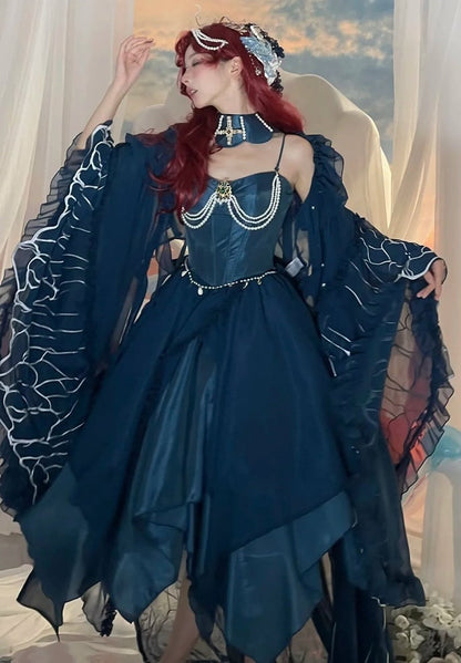 [Reservierungsschluss 1. Juni] Dunkelblau/Pink/Dunkelpetrol Atlantis Dark-Fantasy-Lolita Sternen-Korsett asymmetrisches Bustier-JKS-Kleid