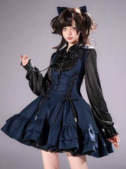 【12月29日予約締切】ゴシックロリータダークカラーストライプバッククロスフリルサスドレス