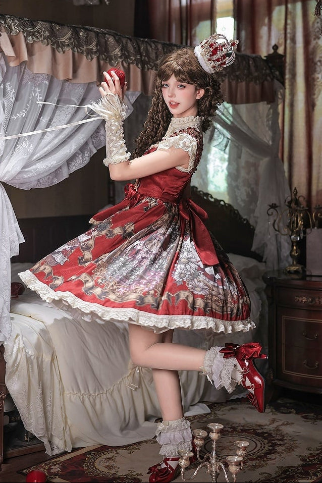 [Date limite de précommande : 7 août] Ensemble complet robe JKS vintage rouge à imprimé lapin histoire avec ruban antique + chemise à volants + manchettes lacées