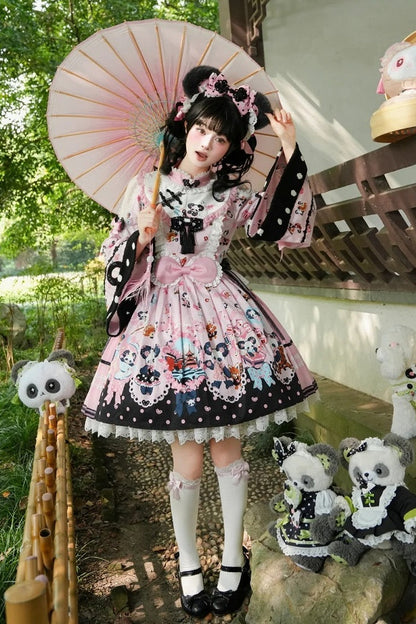 [Pre-order Deadline: October 25] Pink/Green Chinoiserie Lolita Sweet Panda Print Bow Bell Sleeve OP Dress