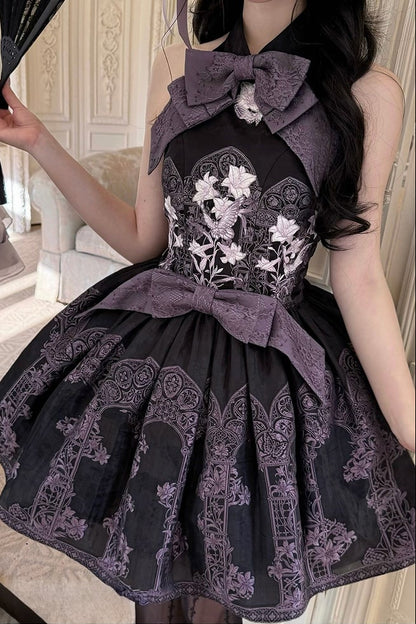[Scadenza prenotazioni 98] Abito Lolita stile cinese con scollo all'americana, fiocco e ricamo giglio effetto vetrata, nero x viola / bianco x viola