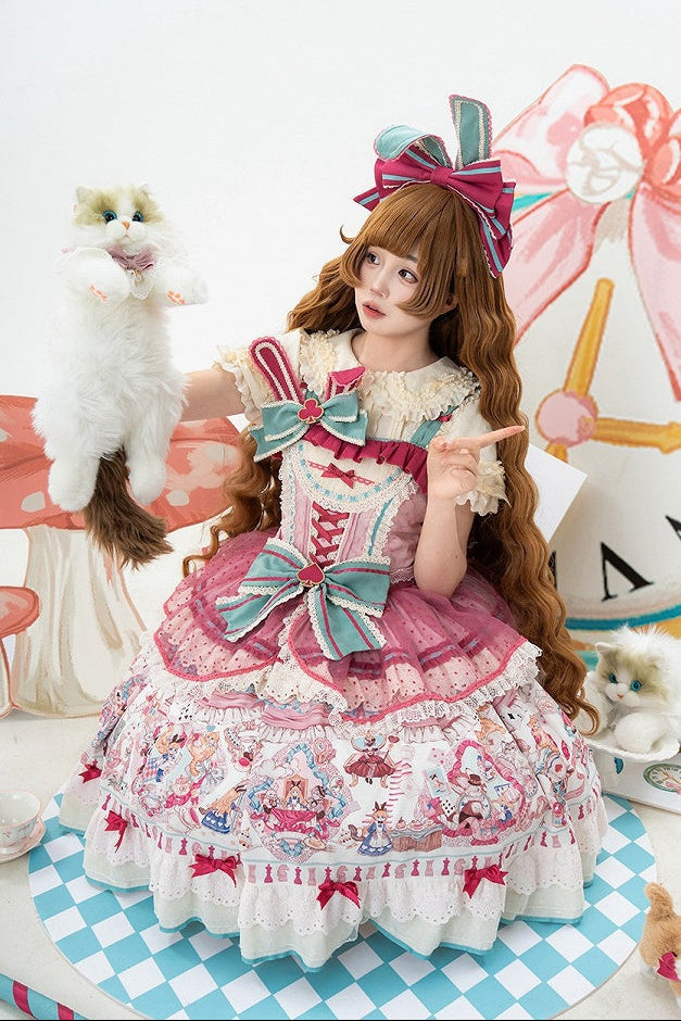 [Date limite de précommande : 1er juillet] Robe JSK sweet lolita rose x verte Alice Chat à nœud (avec surjupe en tulle à pois)