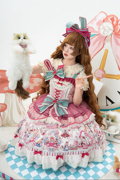 [Date limite de précommande : 1er juillet] Robe JSK sweet lolita rose x verte Alice Chat à nœud (avec surjupe en tulle à pois)