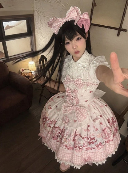 [Précommande jusqu'au 5 mai] Robe JSK à imprimé cerises roses, dentelle, ruban et tablier oreilles de lapin + accessoires