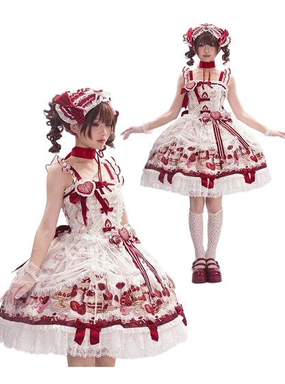 【11月4日予約締切】Strawberry Print Sweet Lolita Lace Bow JSK Dress + Puff Sleeve Lace Bow Doll Dress with Bone Embroidery Apron