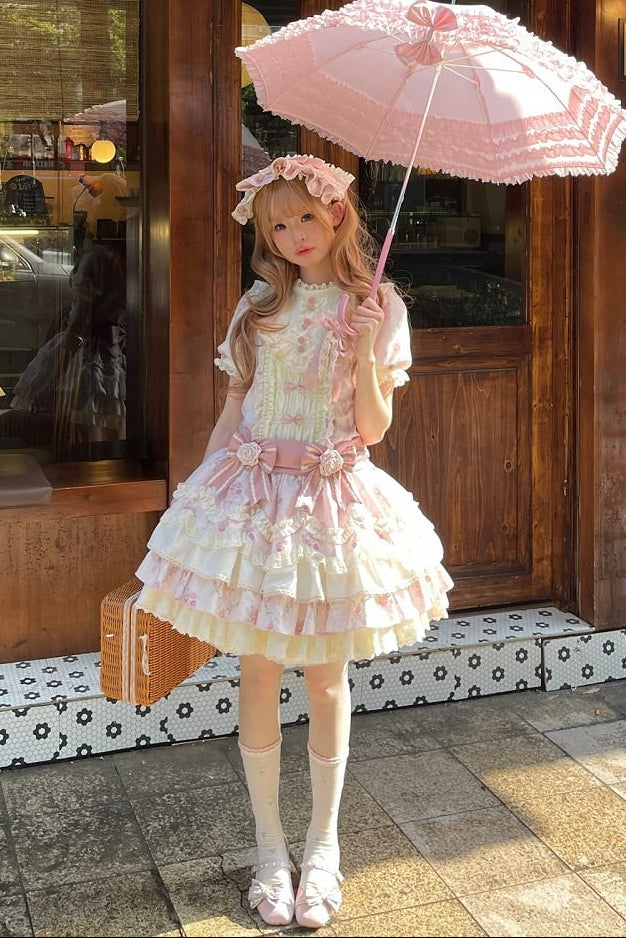 [Reservierungsschluss 7. September] Pink-blaues süßes Lolita-Stufenkleid mit romantischem Rosenprint