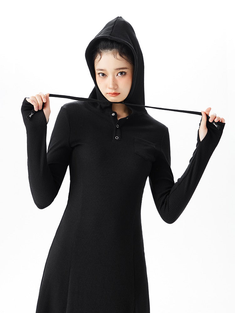 Black Hooded Pullover A line Knit Dress Belchic